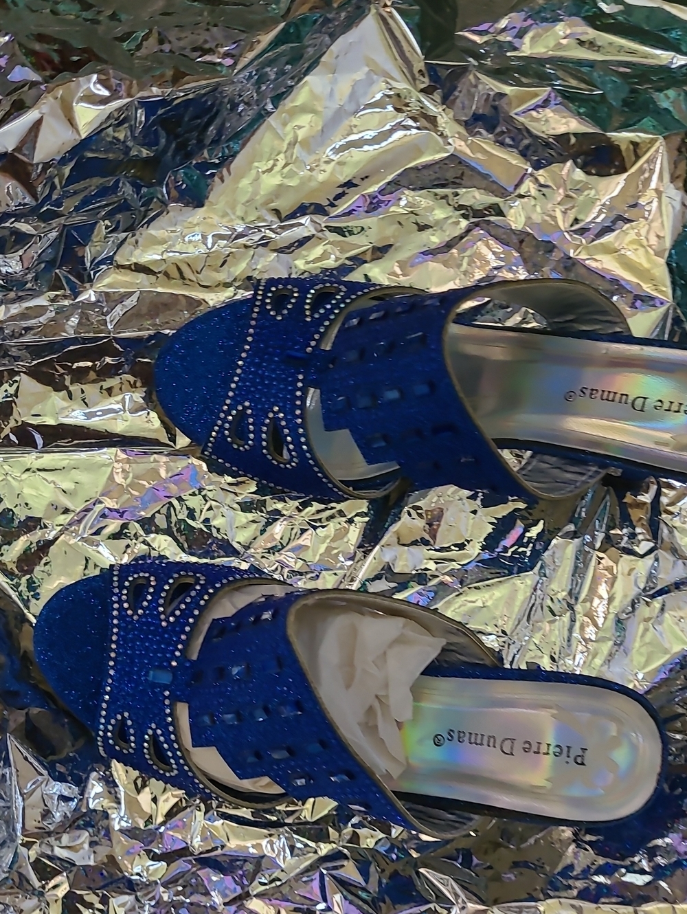 Pierre Dumas Cobalt Blue Glitter Slip-On Mules with Rhinestone Accents, New!
